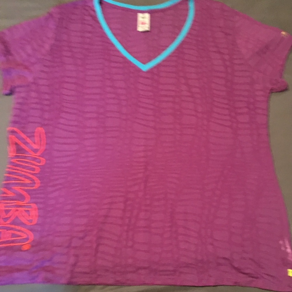 Zumba purple burnout v-neck t-shirt with blue and orange accents. XXLovely.